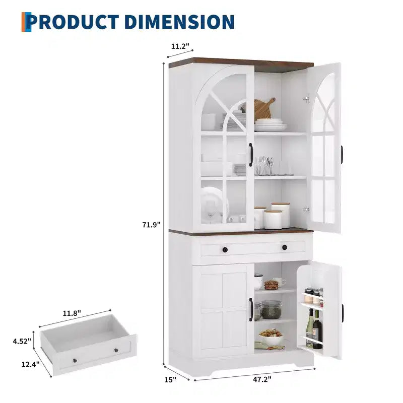 Farmhouse 72 Tall Kitchen Pantry Cabinet with Arched Glass Doors & Adjustable Shelves