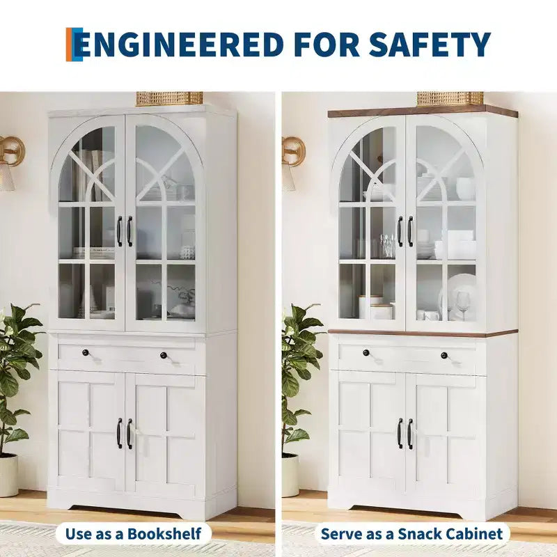Farmhouse 72 Tall Kitchen Pantry Cabinet with Arched Glass Doors & Adjustable Shelves