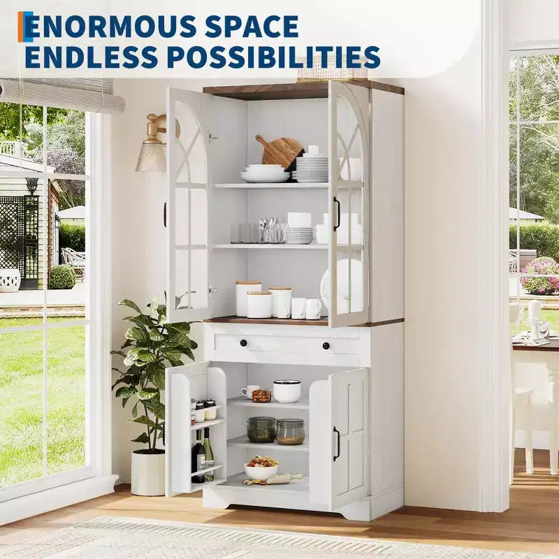 Farmhouse 72 Tall Kitchen Pantry Cabinet with Arched Glass Doors & Adjustable Shelves