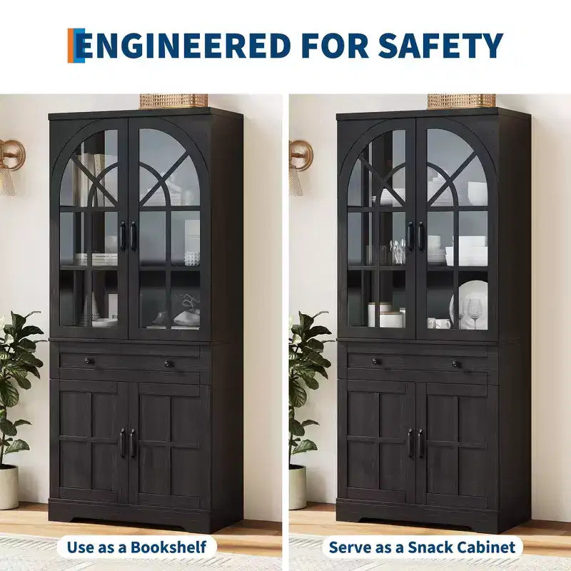 Farmhouse 72 Tall Kitchen Pantry Cabinet with Arched Glass Doors & Adjustable Shelves