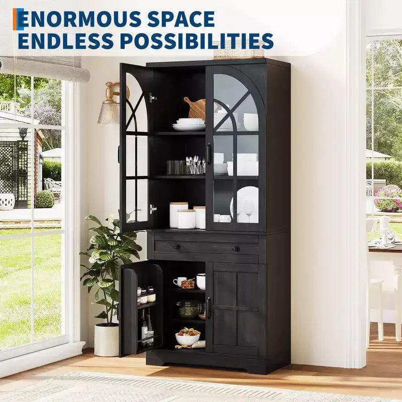 Farmhouse 72 Tall Kitchen Pantry Cabinet with Arched Glass Doors & Adjustable Shelves