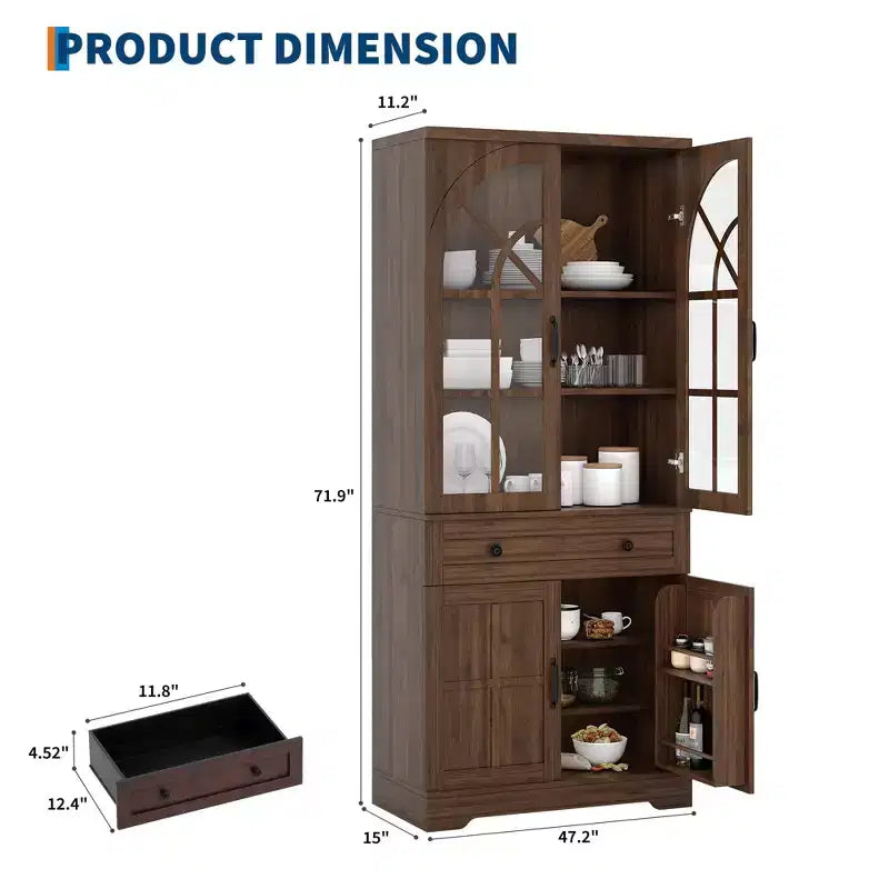 Farmhouse 72 Tall Kitchen Pantry Cabinet with Arched Glass Doors & Adjustable Shelves