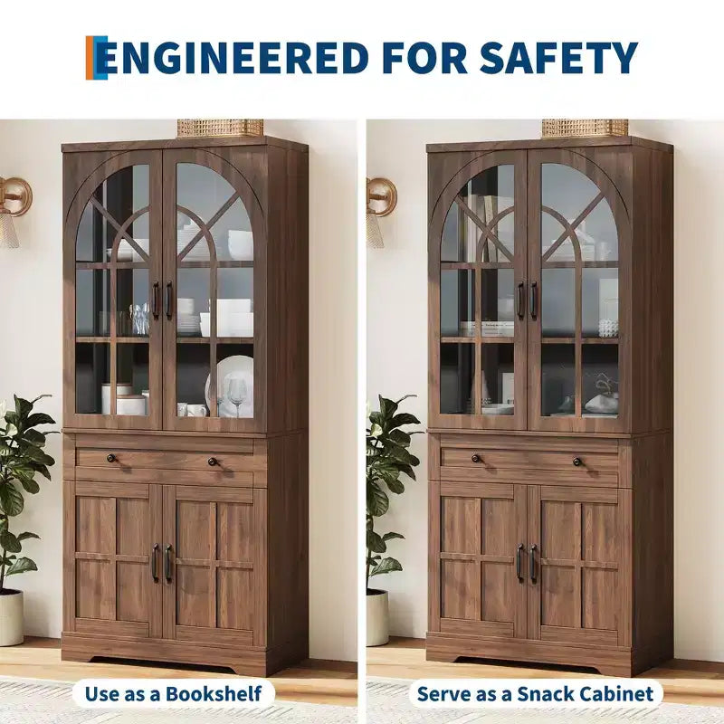 Farmhouse 72 Tall Kitchen Pantry Cabinet with Arched Glass Doors & Adjustable Shelves