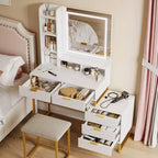 White and gold vanity set with lighted mirror, three modes, five drawers, detachable side cabinet, four-tier open shelves, and cushioned stool
