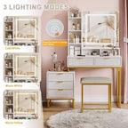 White and gold vanity set with lighted mirror, three modes, five drawers, detachable side cabinet, four-tier open shelves, and cushioned stool
