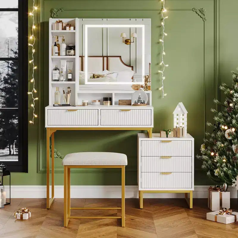 White and gold vanity set with lighted mirror, three modes, five drawers, detachable side cabinet, four-tier open shelves, and cushioned stool