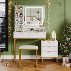 White and gold vanity set with lighted mirror, three modes, five drawers, detachable side cabinet, four-tier open shelves, and cushioned stool