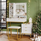 White and gold vanity set with lighted mirror, three modes, five drawers, detachable side cabinet, four-tier open shelves, and cushioned stool