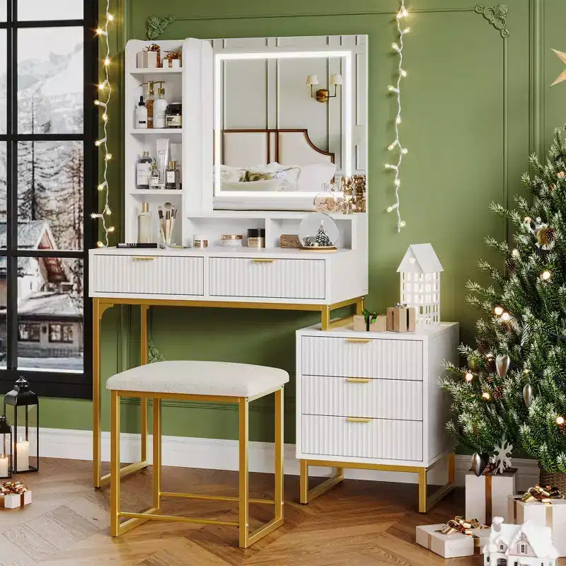 White and gold vanity set with lighted mirror, three modes, five drawers, detachable side cabinet, four-tier open shelves, and cushioned stool