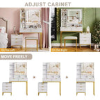 White and gold vanity set with lighted mirror, three modes, five drawers, detachable side cabinet, four-tier open shelves, and cushioned stool