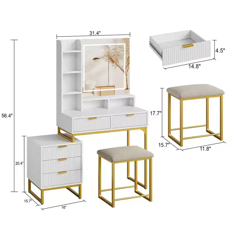 White and gold vanity set with lighted mirror, three modes, five drawers, detachable side cabinet, four-tier open shelves, and cushioned stool