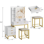 White and gold vanity set with lighted mirror, three modes, five drawers, detachable side cabinet, four-tier open shelves, and cushioned stool