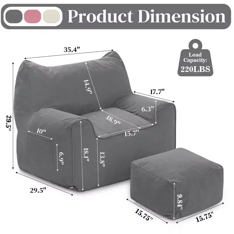 Hommpa Cat Shaped Ergonomic Corduroy Bean Bag Chair with Ottoman for Adults - Plush Ergonomic Lounge Sofa, Gaming & Relaxation Seat