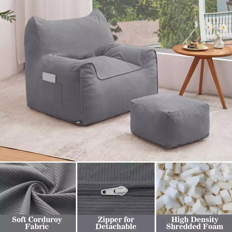 Hommpa Cat Shaped Ergonomic Corduroy Bean Bag Chair with Ottoman for Adults - Plush Ergonomic Lounge Sofa, Gaming & Relaxation Seat