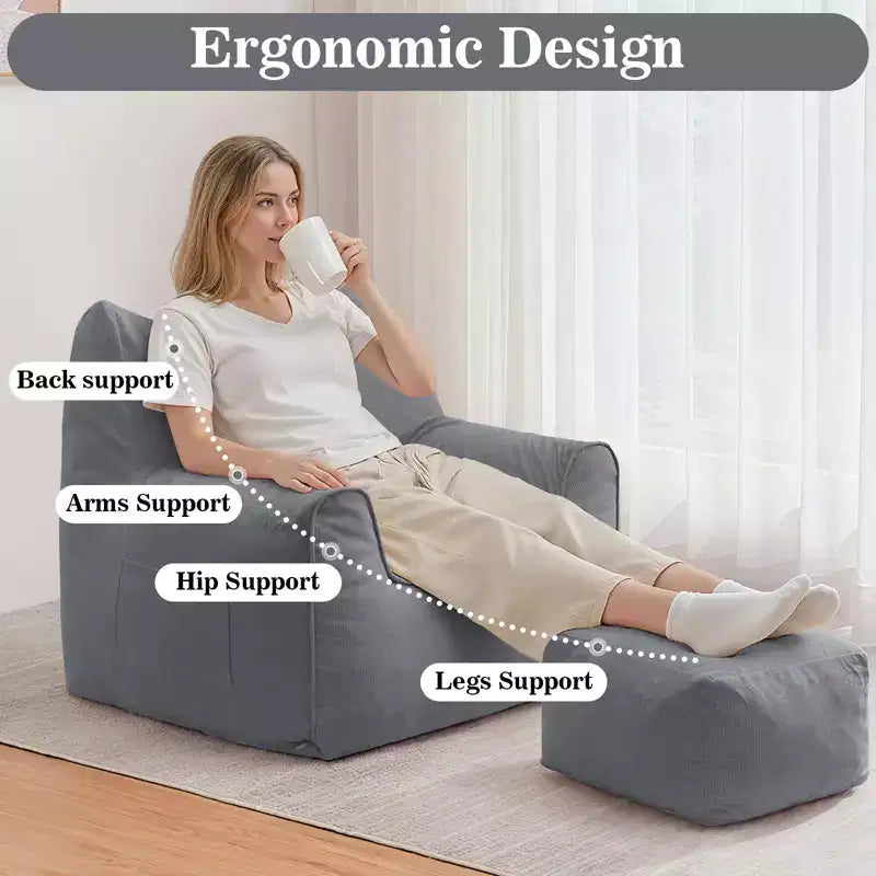 Hommpa Cat Shaped Ergonomic Corduroy Bean Bag Chair with Ottoman for Adults - Plush Ergonomic Lounge Sofa, Gaming & Relaxation Seat