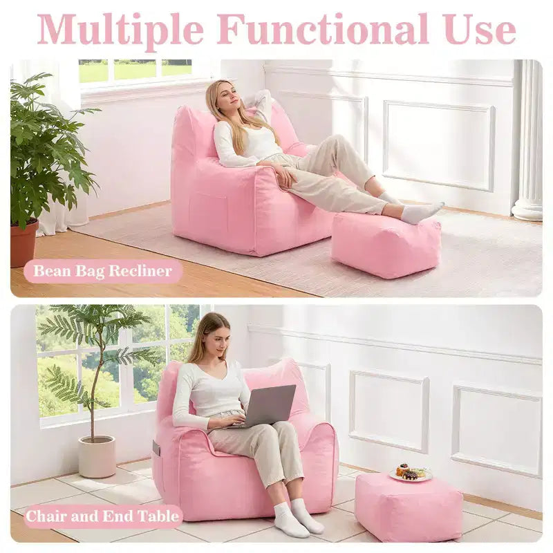 Hommpa Cat Shaped Ergonomic Corduroy Bean Bag Chair with Ottoman for Adults - Plush Ergonomic Lounge Sofa, Gaming & Relaxation Seat