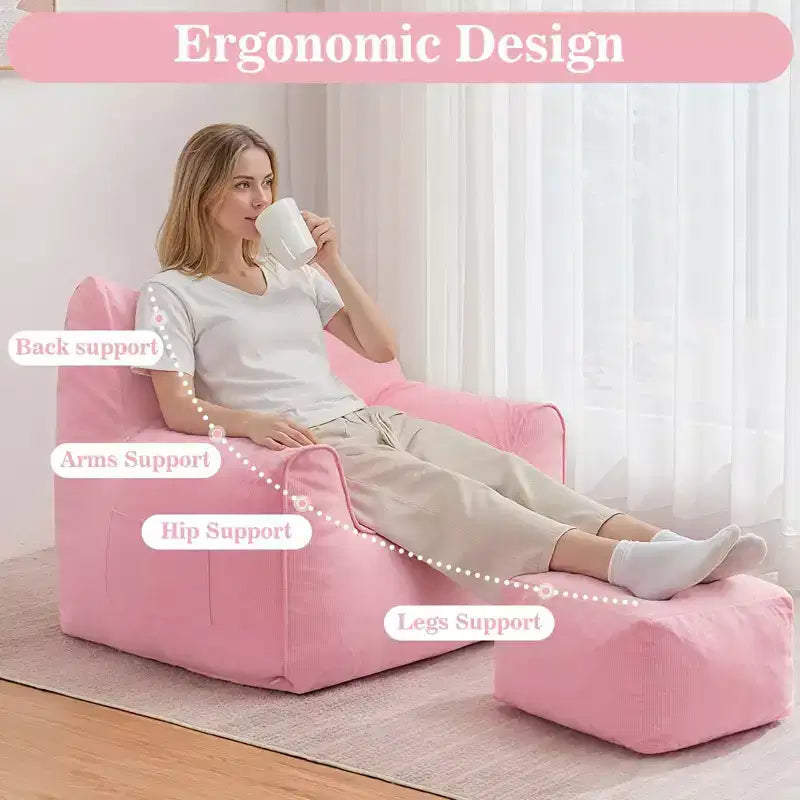 Hommpa Cat Shaped Ergonomic Corduroy Bean Bag Chair with Ottoman for Adults - Plush Ergonomic Lounge Sofa, Gaming & Relaxation Seat