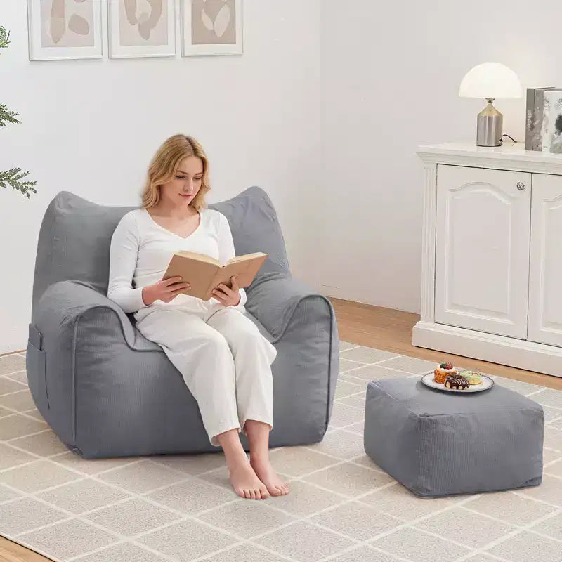 Hommpa Cat Shaped Ergonomic Corduroy Bean Bag Chair with Ottoman for Adults - Plush Ergonomic Lounge Sofa, Gaming & Relaxation Seat