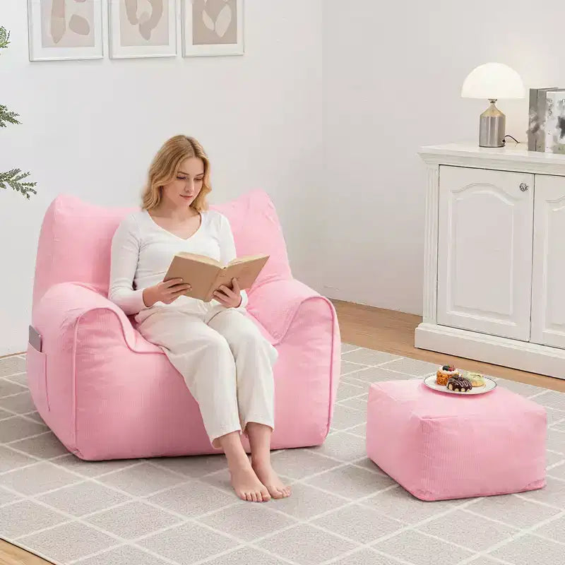 Hommpa Cat Shaped Ergonomic Corduroy Bean Bag Chair with Ottoman for Adults - Plush Ergonomic Lounge Sofa, Gaming & Relaxation Seat