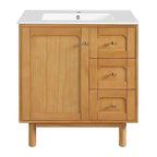 JVNOXK 30-inch Rustic Modern Ceramic Vanity Cabinet with 3 Drawers and 1 Large Soft-Close Door, Storage Cabinet, Natural Wood Grain