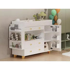 JVNOXK 54-inch Wide Dressing Table Modern Changing Table Wide tabletop design Three drawers Dresser with 12 drawers and storage shelves White