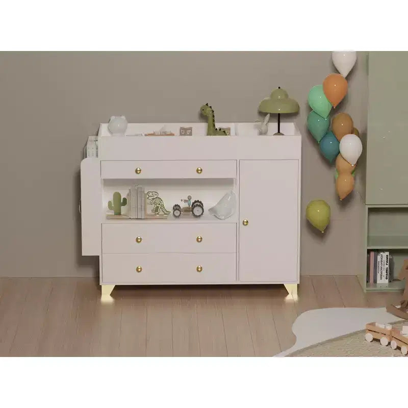 JVNOXK 54-inch Wide Dressing Table Modern Changing Table Wide tabletop design Three drawers Dresser with 12 drawers and storage shelves White