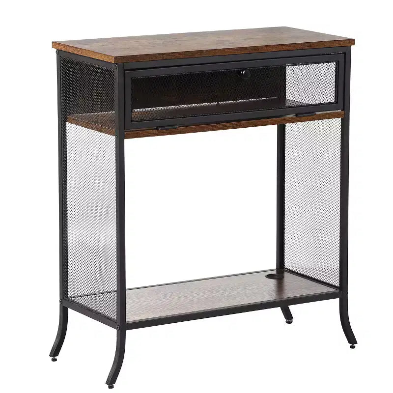 VECELO Industrial Console Table With Drawer & Open Shelves, Rustic Wood & Metal Mesh Entryway Table, Storage Side Table for Living Room or Hallway