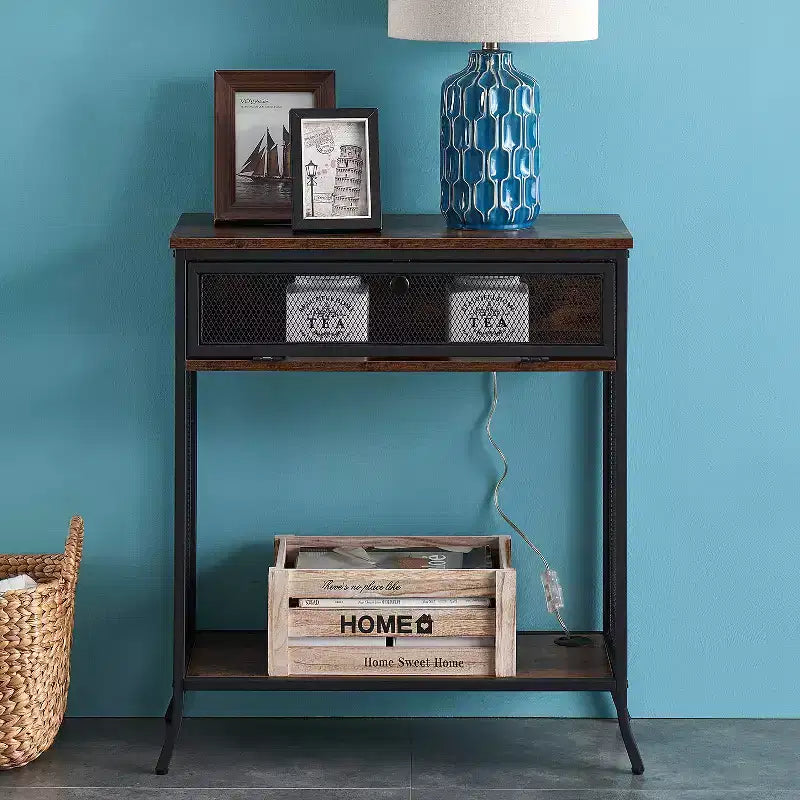 VECELO Industrial Console Table With Drawer & Open Shelves, Rustic Wood & Metal Mesh Entryway Table, Storage Side Table for Living Room or Hallway