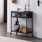 VECELO Industrial Console Table With Drawer & Open Shelves, Rustic Wood & Metal Mesh Entryway Table, Storage Side Table for Living Room or Hallway