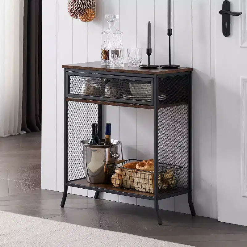 VECELO Industrial Console Table With Drawer & Open Shelves, Rustic Wood & Metal Mesh Entryway Table, Storage Side Table for Living Room or Hallway