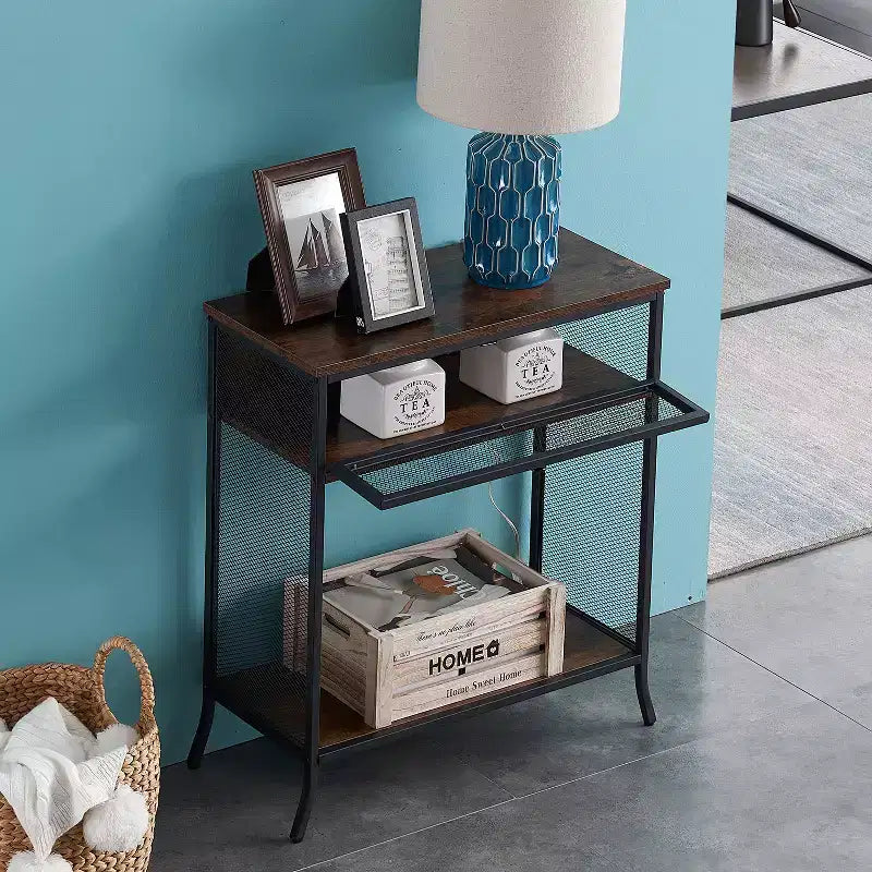 VECELO Industrial Console Table With Drawer & Open Shelves, Rustic Wood & Metal Mesh Entryway Table, Storage Side Table for Living Room or Hallway