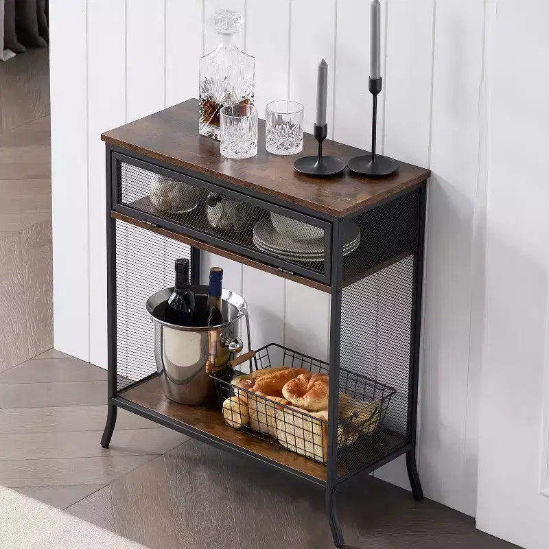 VECELO Industrial Console Table With Drawer & Open Shelves, Rustic Wood & Metal Mesh Entryway Table, Storage Side Table for Living Room or Hallway