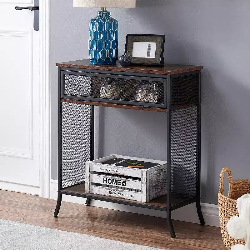 VECELO Industrial Console Table With Drawer & Open Shelves, Rustic Wood & Metal Mesh Entryway Table, Storage Side Table for Living Room or Hallway