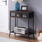 VECELO Industrial Console Table With Drawer & Open Shelves, Rustic Wood & Metal Mesh Entryway Table, Storage Side Table for Living Room or Hallway