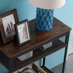 VECELO Industrial Console Table With Drawer & Open Shelves, Rustic Wood & Metal Mesh Entryway Table, Storage Side Table for Living Room or Hallway
