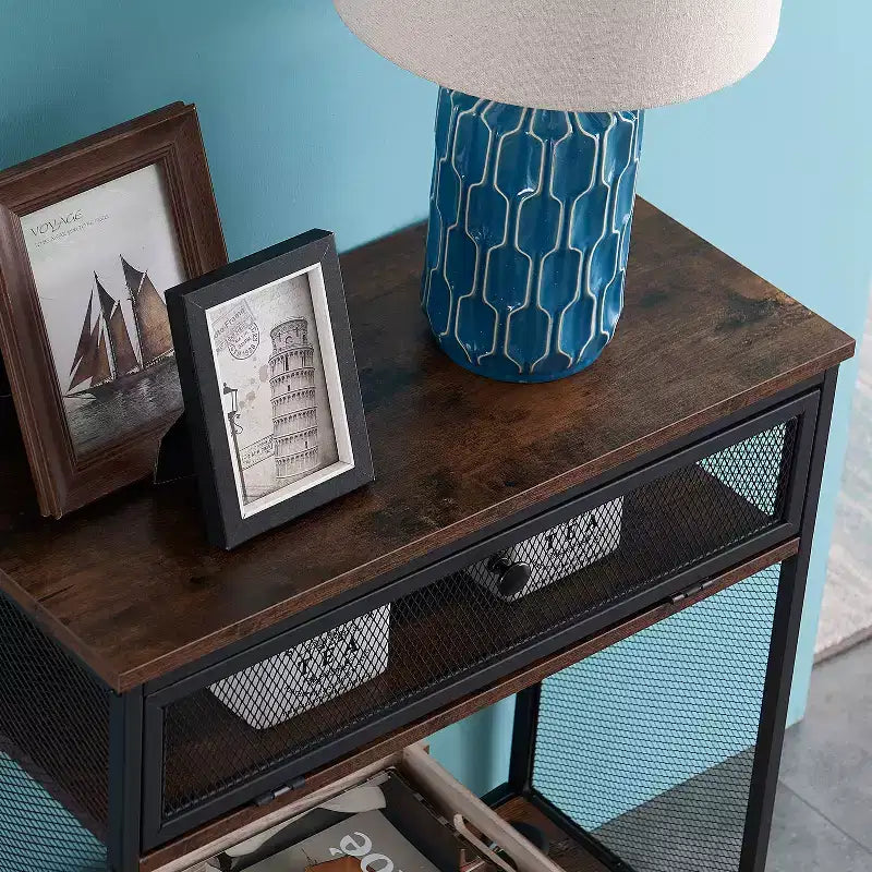 VECELO Industrial Console Table With Drawer & Open Shelves, Rustic Wood & Metal Mesh Entryway Table, Storage Side Table for Living Room or Hallway