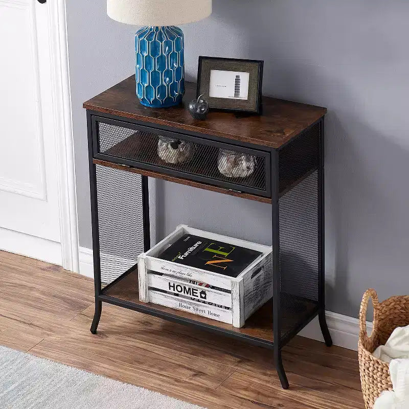 VECELO Industrial Console Table With Drawer & Open Shelves, Rustic Wood & Metal Mesh Entryway Table, Storage Side Table for Living Room or Hallway