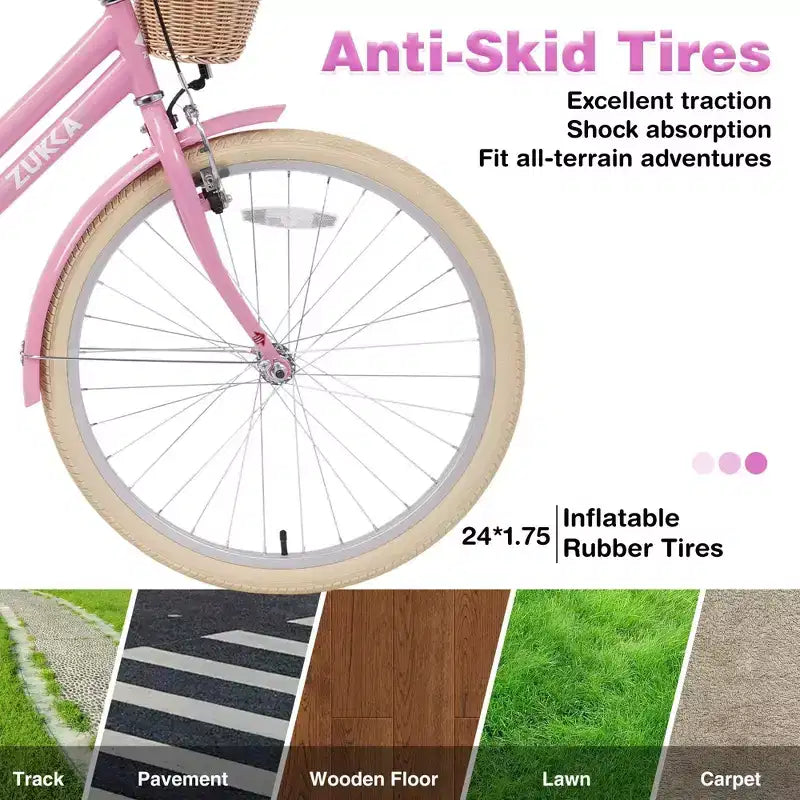 NAYSAYE 24 Inch Girls Cruiser Bike Speed Hybrid City Bicycle for Youth 7-10+ Years Old with Wicker Basket & Rear Rack, Kids Cycle Bikes