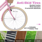 NAYSAYE 24 Inch Girls Cruiser Bike Speed Hybrid City Bicycle for Youth 7-10+ Years Old with Wicker Basket & Rear Rack, Kids Cycle Bikes