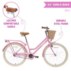 NAYSAYE 24 Inch Girls Cruiser Bike Speed Hybrid City Bicycle for Youth 7-10+ Years Old with Wicker Basket & Rear Rack, Kids Cycle Bikes