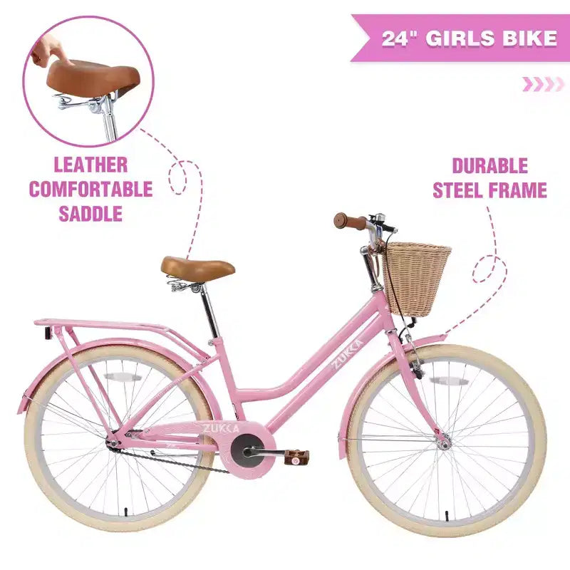 NAYSAYE 24 Inch Girls Cruiser Bike Speed Hybrid City Bicycle for Youth 7-10+ Years Old with Wicker Basket & Rear Rack, Kids Cycle Bikes