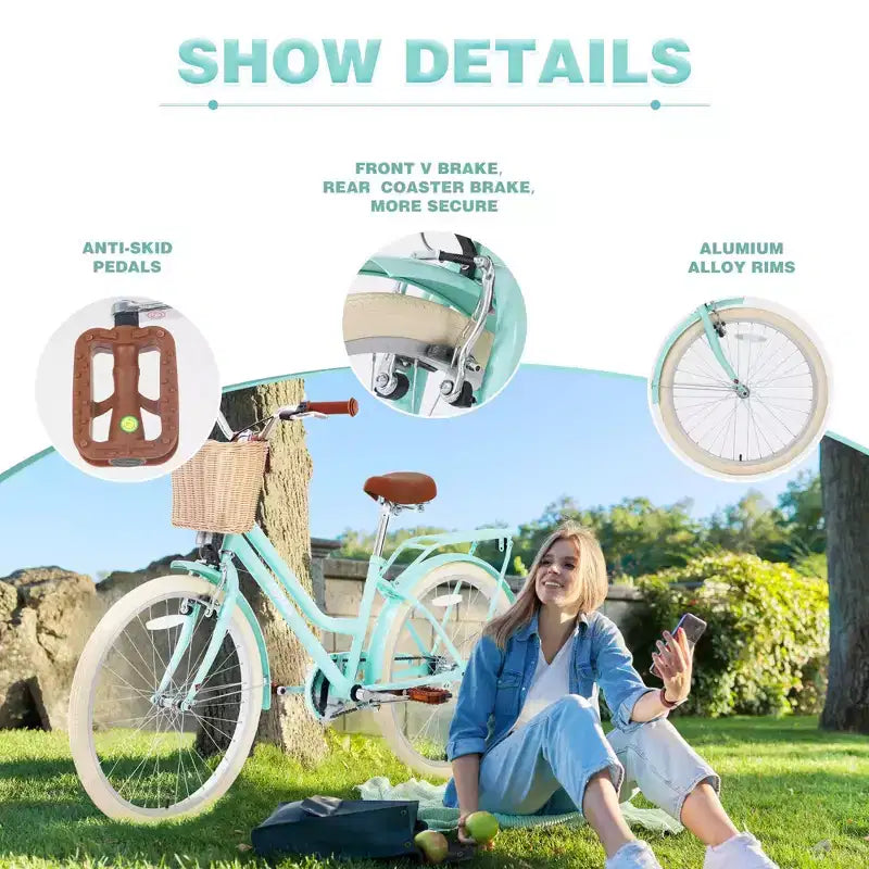 NAYSAYE 24 Inch Girls Cruiser Bike Speed Hybrid City Bicycle for Youth 7-10+ Years Old with Wicker Basket & Rear Rack, Kids Cycle Bikes