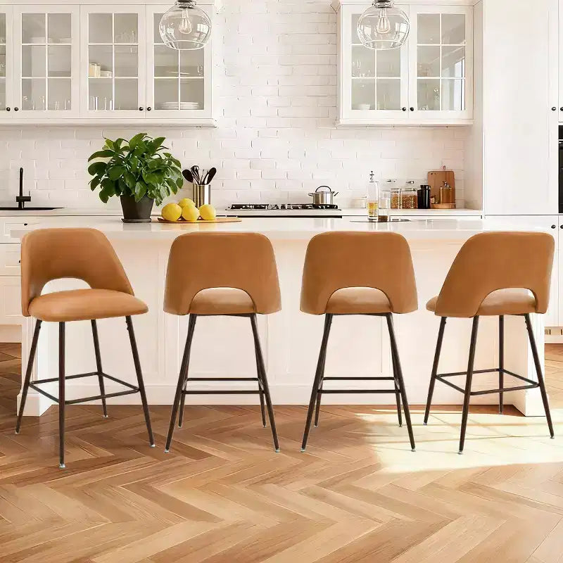 Set of 2 Mid-Century Faux Leather Counter Height Bar Stools, 26 Kitchen Island Chairs with Walnut Finish Metal Legs - Panipeachy