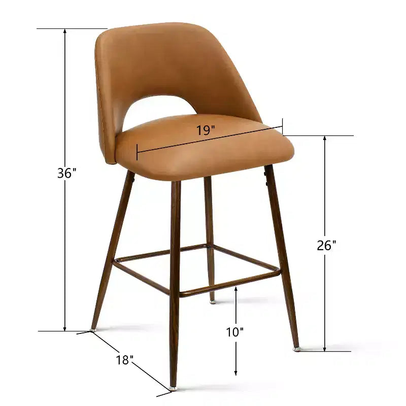 Set of 2 Mid-Century Faux Leather Counter Height Bar Stools, 26 Kitchen Island Chairs with Walnut Finish Metal Legs - Panipeachy