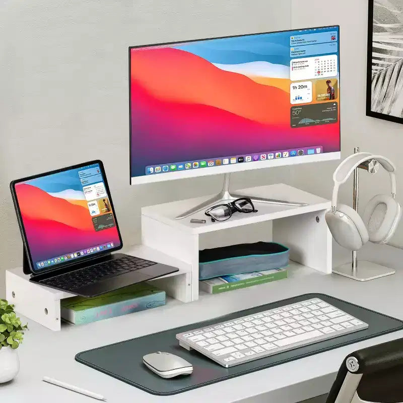 FurnitureR Dual-Tier Monitor Stand Riser, Ergonomic Computer Monitor Stand with Storage Shelf, Desk Organizer for Laptop, PC, and Office Supplies