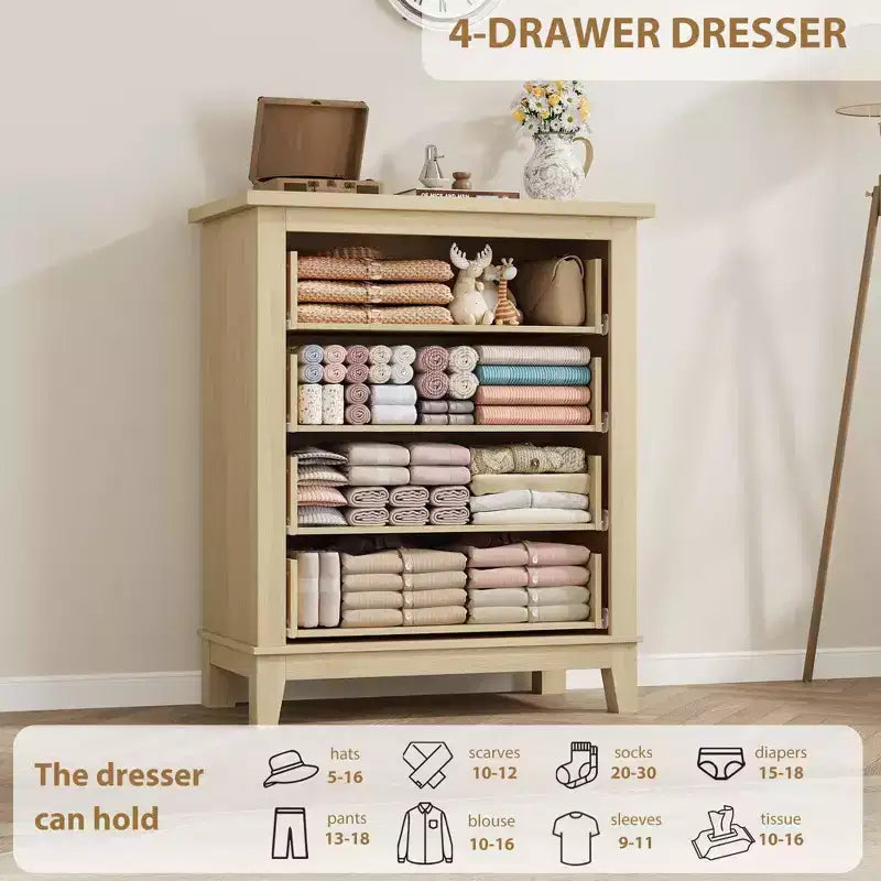 Dresser for Bedroom with 4 Drawers Wooden Chest of Drawers for Closet Dresser Storage Unit Organizer for Hallway Living Room and Office