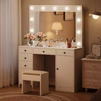 White Vanity Desk with Mirror and Light, Makeup Vanity Table with Charging Station, Storage Drawer Cabinet, Modern Wooden Dressing Table for Bedroom