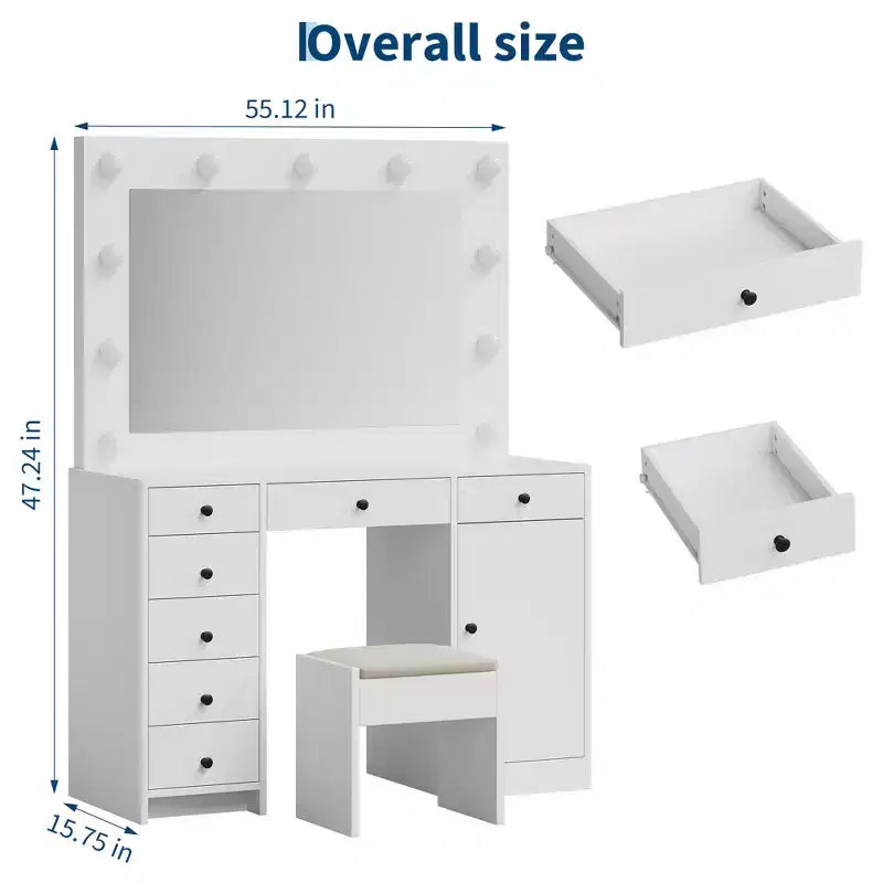 White Vanity Desk with Mirror and Light, Makeup Vanity Table with Charging Station, Storage Drawer Cabinet, Modern Wooden Dressing Table for Bedroom