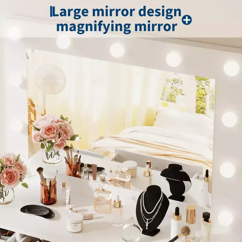 White Vanity Desk with Mirror and Light, Makeup Vanity Table with Charging Station, Storage Drawer Cabinet, Modern Wooden Dressing Table for Bedroom