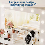 White Vanity Desk with Mirror and Light, Makeup Vanity Table with Charging Station, Storage Drawer Cabinet, Modern Wooden Dressing Table for Bedroom